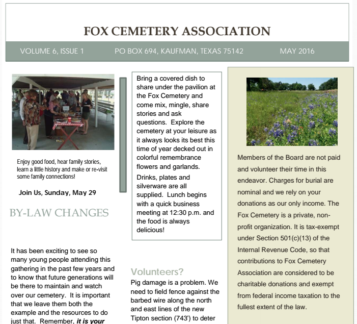 Fox Cemetery Association Volume 6, Issue 1